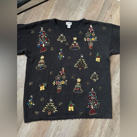 VTG VJ Woman Festive Christmas Sweater Black Colorful Embroidery Knit Size 2X - Picture 2 of 12